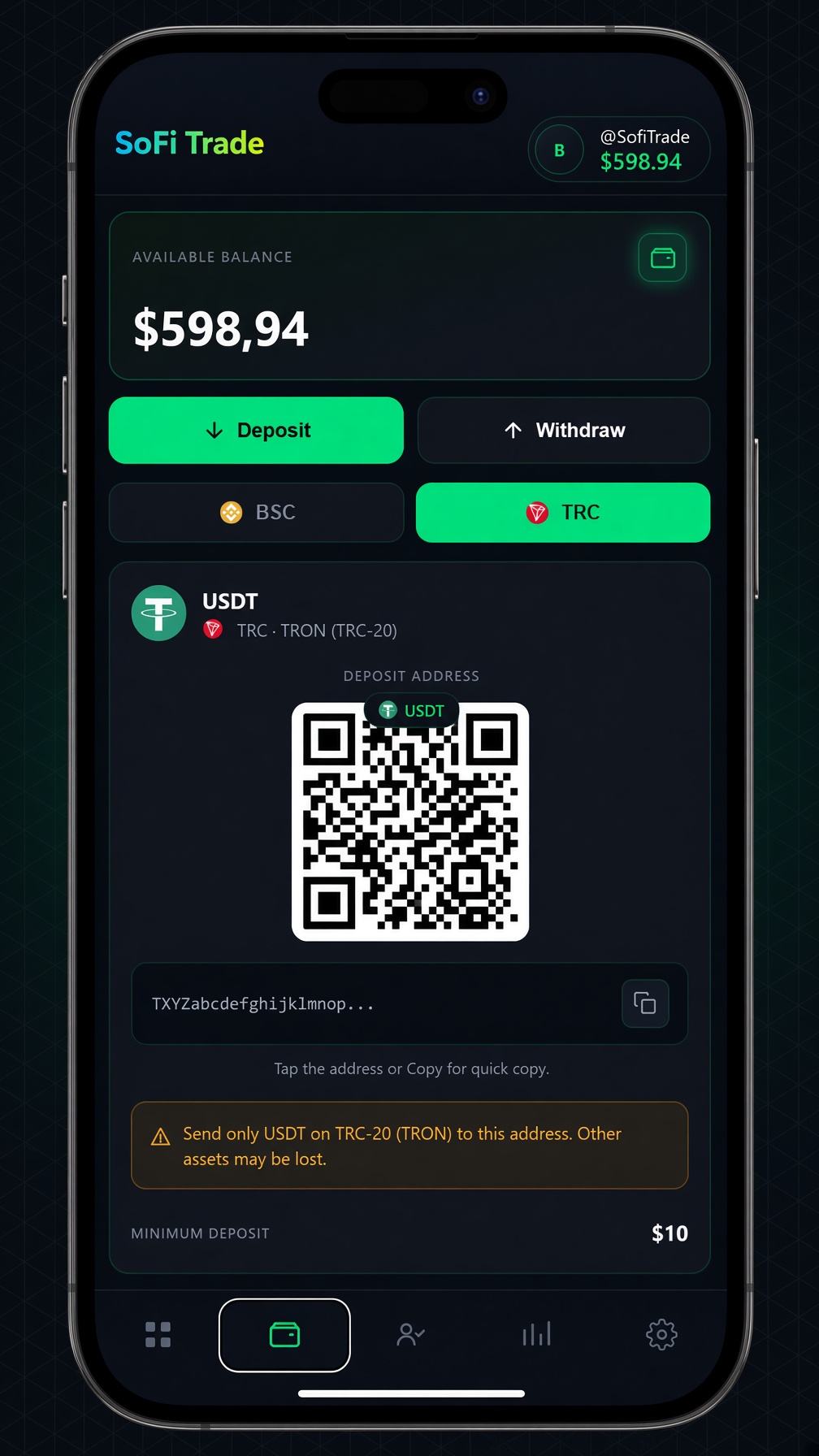 SoFi Trade Wallet screen for @SofiTrade